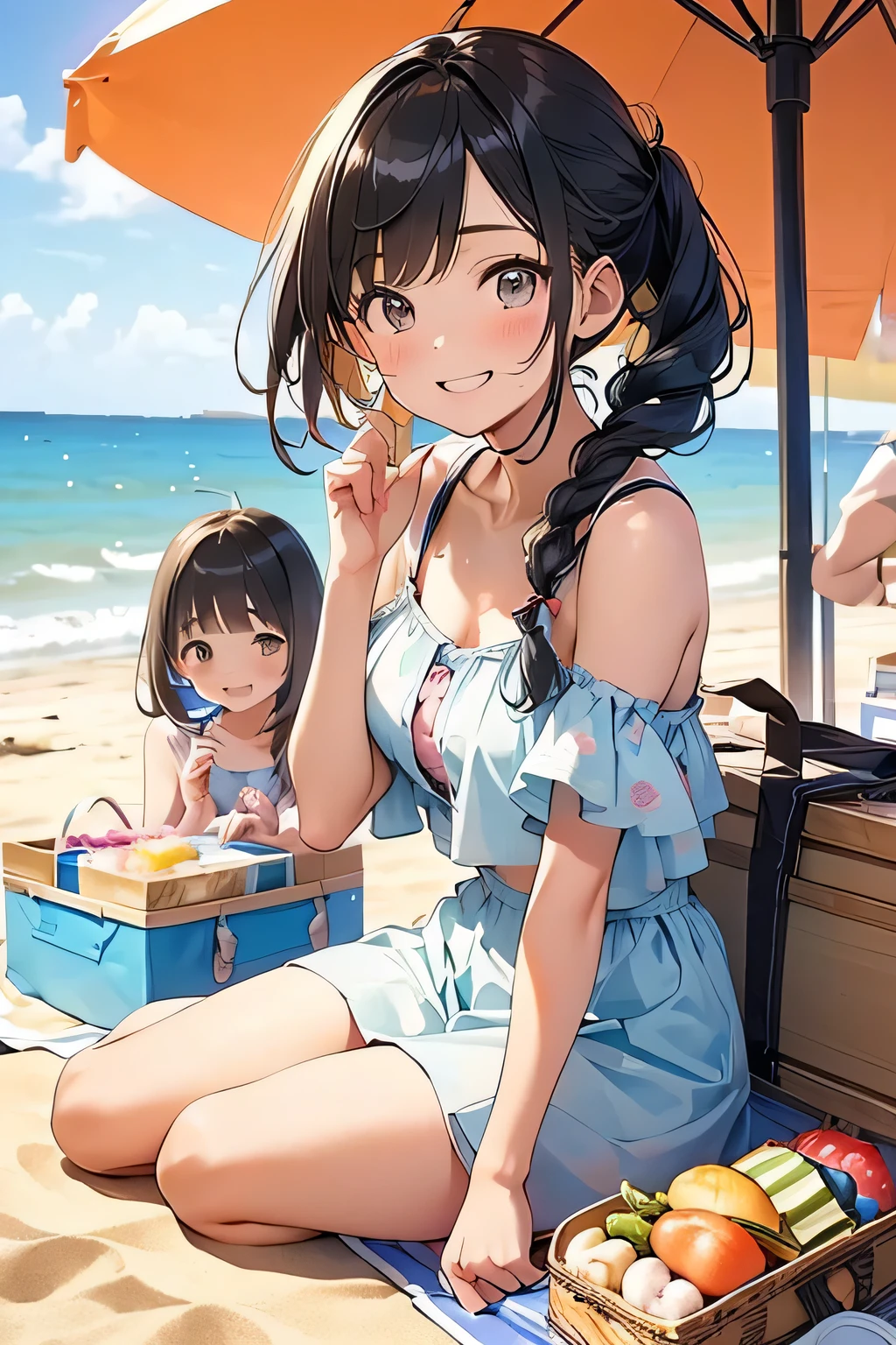 Highest quality、High resolution、Detailed Background、(Beautiful face in every detail:1.4)、Anatomically correct、(Normal number of fingers:1.2)、(Detailed facial expressions)、Detailed eyes、Teenage beauty、Highly detailed face、Light color hair、Braided twin tails、Braided Ponytail、well-groomed eyebrows、A fun atmosphere、A big smile、smile、Full of energy、Under the clear blue sky、A beautiful coastline with white sand、cute gesture、

(Three beautiful girls having a fun beach picnic:1.5)、

They gather on the beach in colorful swimsuits.、
We all divided up the work and spread out the lunch boxes, fruit, drinks, etc. that we had taken out of the big basket.、
They spread out picnic mats and enjoyed a delicious meal while chatting in a lively atmosphere.、
Sing along to the sound of the waves and play with a ball、After having a good time together, everyone seems to be relaxing.、The sight of them relaxing on the sand makes you feel like it&#39;s summer.、A picture-like moment from the girls&#39; happy memories、cute