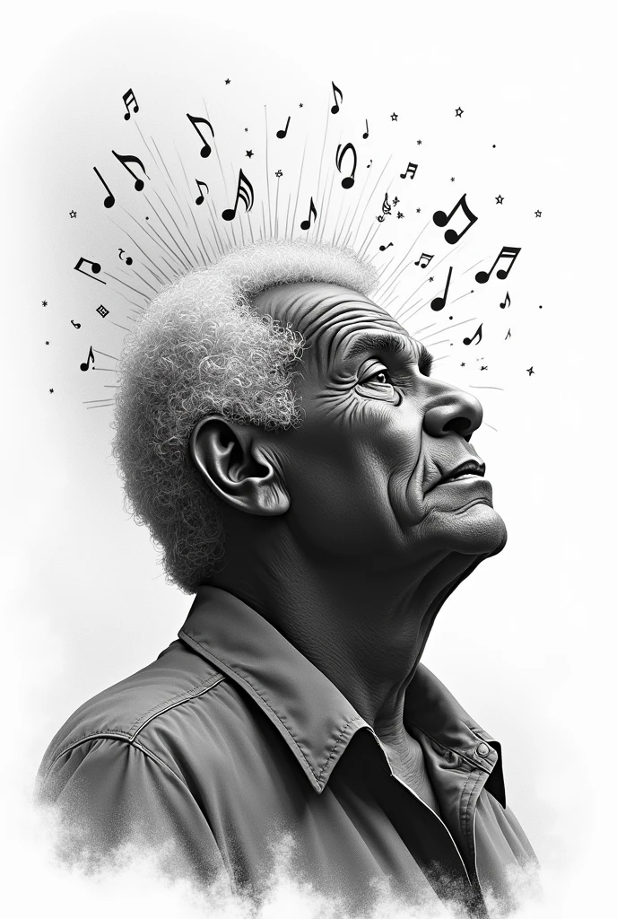 Black and white draw of a old Black man with music in his head