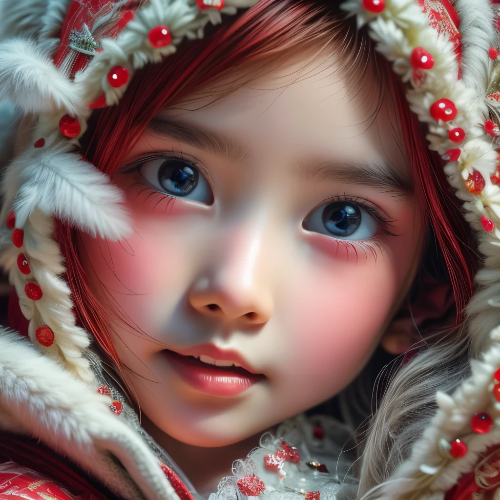 [Red] in White,(extremely delicate and beautiful Girl:1.2), complex details, enlarged textures, complex details, finely detailed eyes and detailed face, intricate details, (Dynamic LifeLike Rendering), perfect eyes, Reflective eyes With Sparkling Highlights, perfect body, extremely detailed, (Child), extremely realistic (TopQuality Masterpiece 8K UltraDetailed (ProfessionalPHOTO:1.37))(Acutance:0.8), Snow Particles, 
