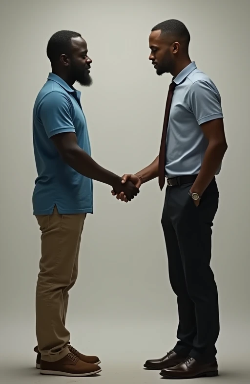 A black man with a doubtful face, baldie, blue polo shirt, dark brown tie and pants with elegant sneakers, standing shaking hands with an invisible man