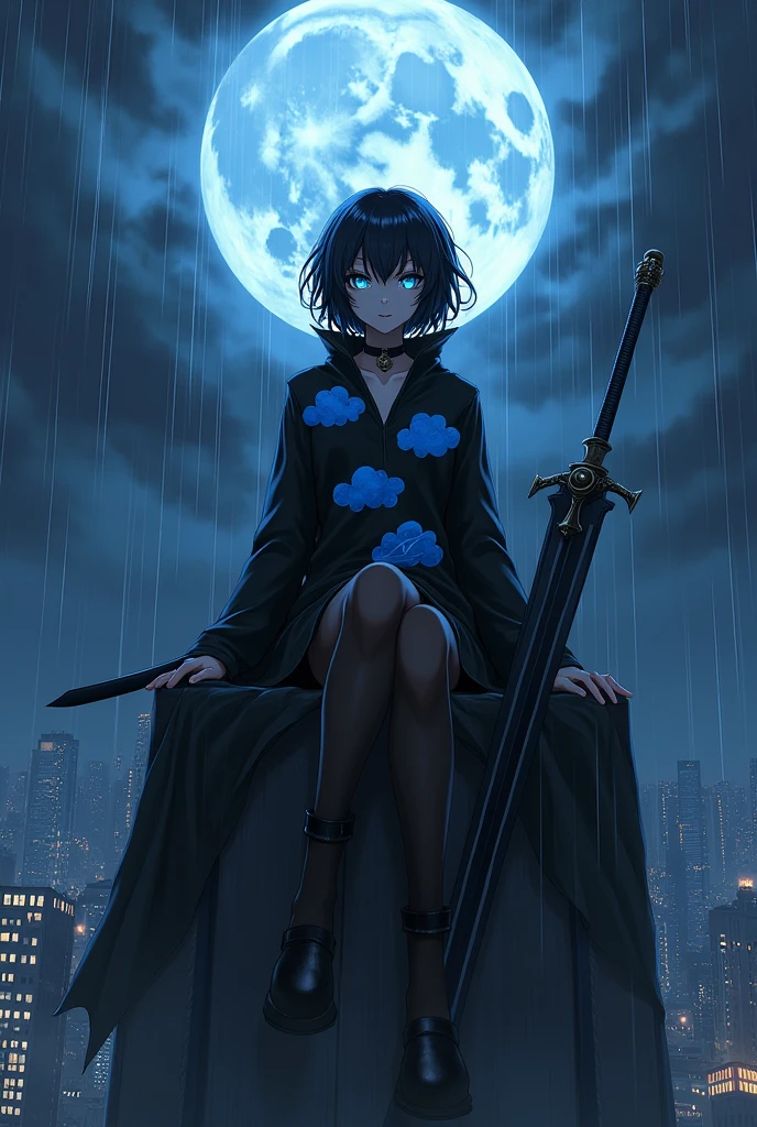 create an image of an anime girl on top of a building sitting in a throne under a full moon and heavy rain, she has short curly hair that hides her ears, a black coat with three blue clouds printed on it, a pair of stockings that cover all her legs and sadistic face with blue eyes on her face. she has a long thick black sword by her side