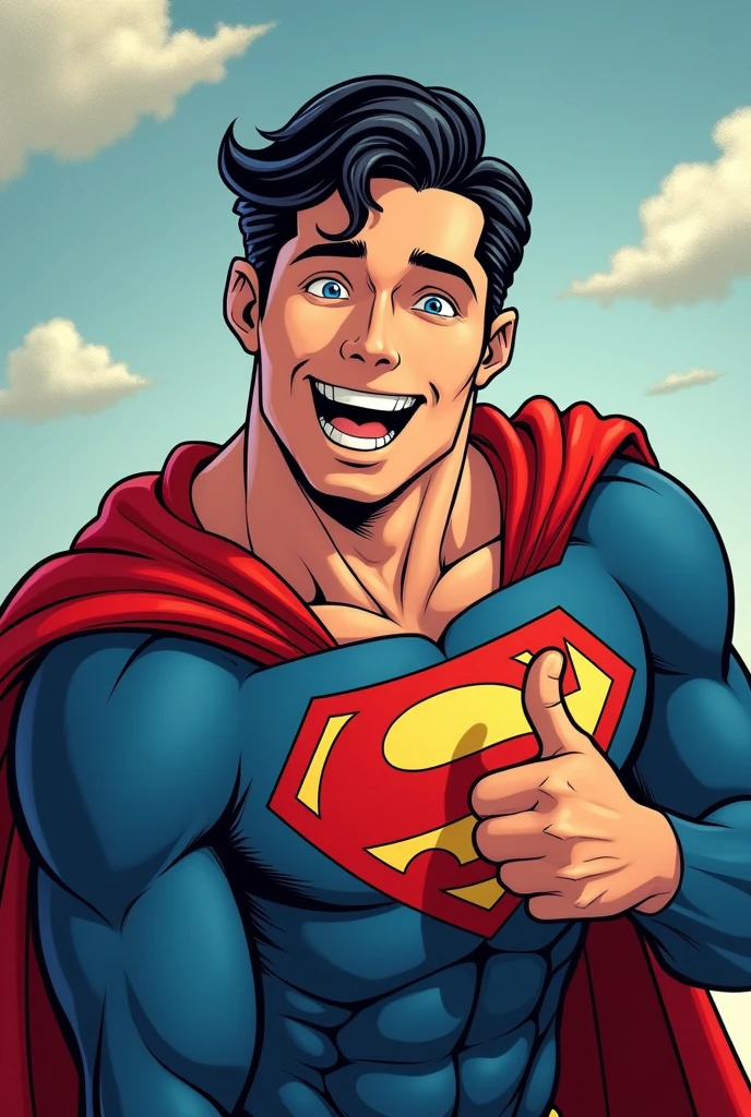 Superman stylized character, comics, Very detailed, 8k,Teeth are visible、smile、Looks like they're having fun、Thumbs up pose、Close your eyes and laugh