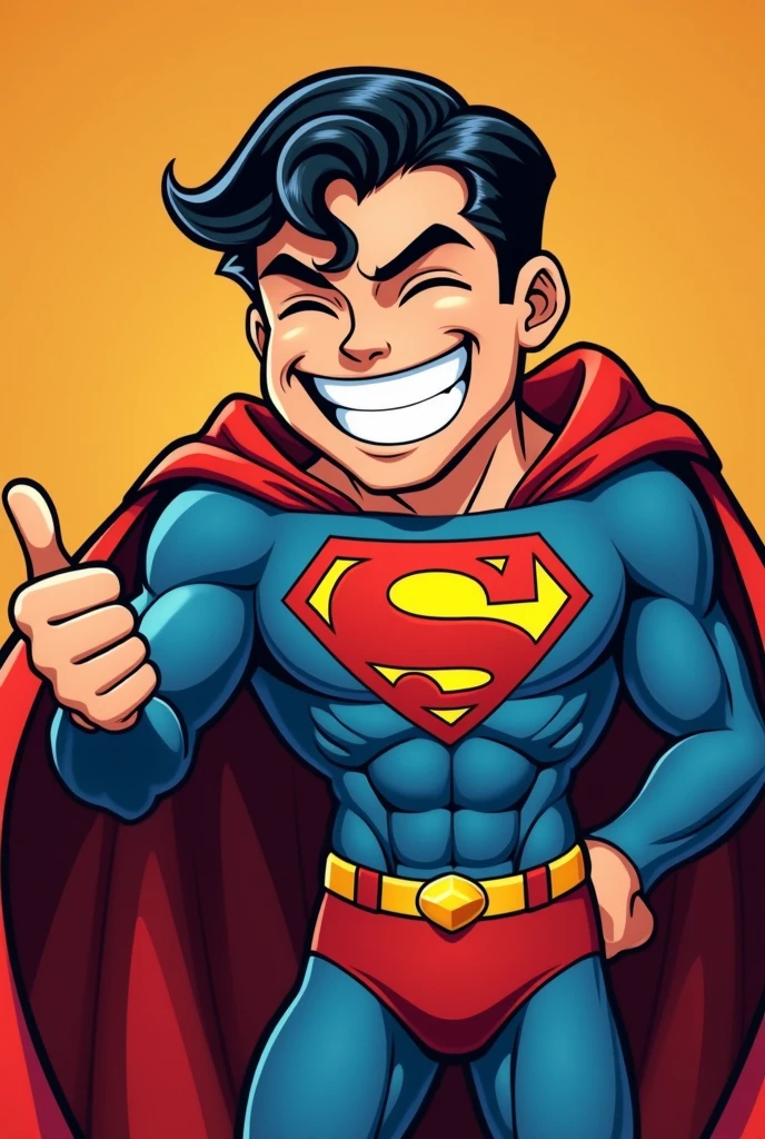 Superman stylized character, comics, Very detailed, 8k,Teeth are visible、smile、Looks like they're having fun、Thumbs up pose、Close your eyes and laugh
