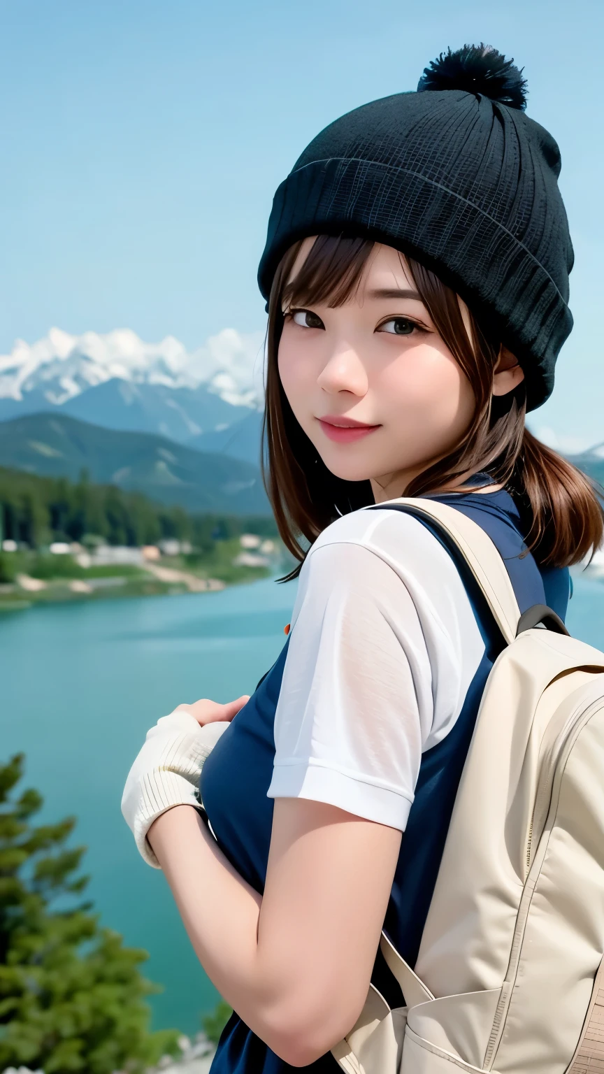 photograph, 美しい女性のphotograph, Selfie, Upper Body, alone,One Girl, Wearing a pullover,(((Backpacker,Backpack))),登Mountain家,Mountain登りの完璧な衣装, Outdoor, (night), Mountain, Real nature, performer, moon, Hilarious, Happy, gloves, sweater, Beanie Hats, forest, rock, river, wood, cigarette, fog, Looking at the audience, Skin Texture, photographの粒子, close, RAWphotograph