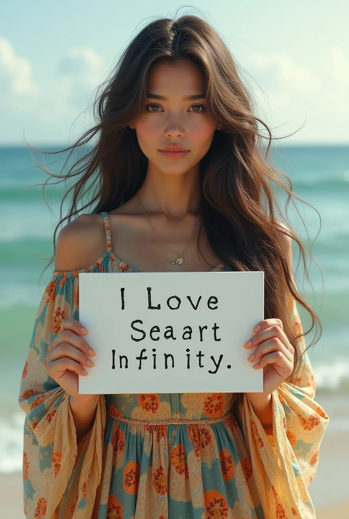 Beautiful girl with wavy long hair, bohemian dress, holding a white board with text "I Love Seaart Infinity" and showing it to the viewer