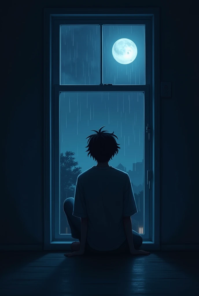 create a anime type landscape image, sad guy , little older than teen sitting beside window , dark light, Shady room, raining outside , midnight,