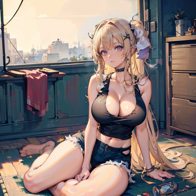 Anime Kawaii sexy Perfect Slim sensual body large breast and huge thighs, An intricate and highly detailed illustration of anime (Young girl)  (best qualityer, work of art) ((1 girl)), ((única Woman)), Woman, Thick, big cleavage, Jumpy, hot head, melhorar, skin tanned, ((abdomen)) (darkskin) eyes black, hair blonde, Messy hair, ((((Tank Tops)))), sloppy, sitting on the floor, messy table, empty canned beers, inside a house