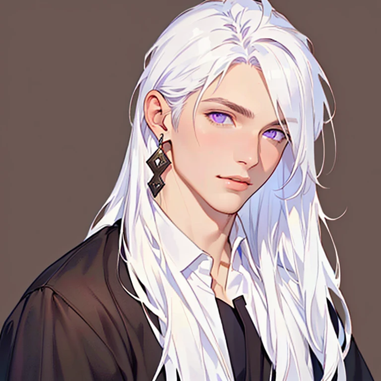 ((masterpiece)), (((best quality))), solo, 1 male, beautiful prince, portrait, pale white skin, white hair, long hair, straight hair, purple eyes, handsome young man, realistic medieval clothes, simple earrings, highest quality, highly detailed, original, high resolution CG Unit 8k wallpaper, (best quality, artwork, masterpiece, 4k)