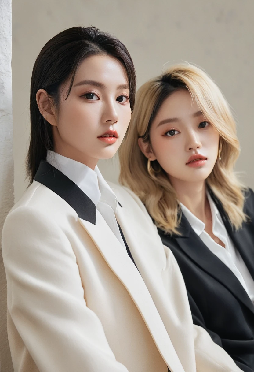 (of the highest quality、4k、8k、High resolution、masterpiece:1.2)、Super detailed、(realist、フォトrealist、フォトrealist:1.37)、Photo of heterosexual couple、The dangerous duo, Kim jennie rubia, blonde woman, Jennie&#39;s face, chico masculino Korean, Korean, chico with black hair, sexy, big breasts 