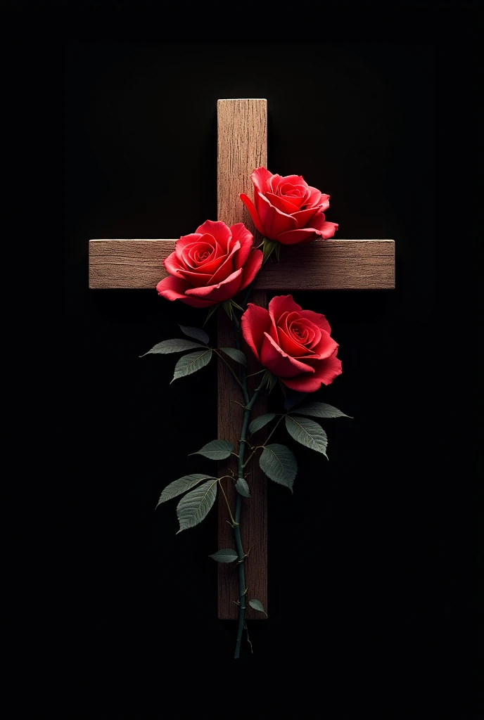 A black background, with a cross with red roses coming out of the middle logo style
