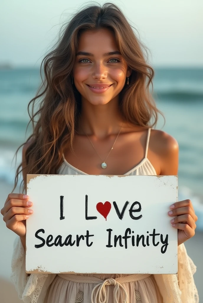 Beautiful girl with wavy long hair, bohemian dress, holding a white board with text "I Love Seaart Infinity" and showing it to the viewer