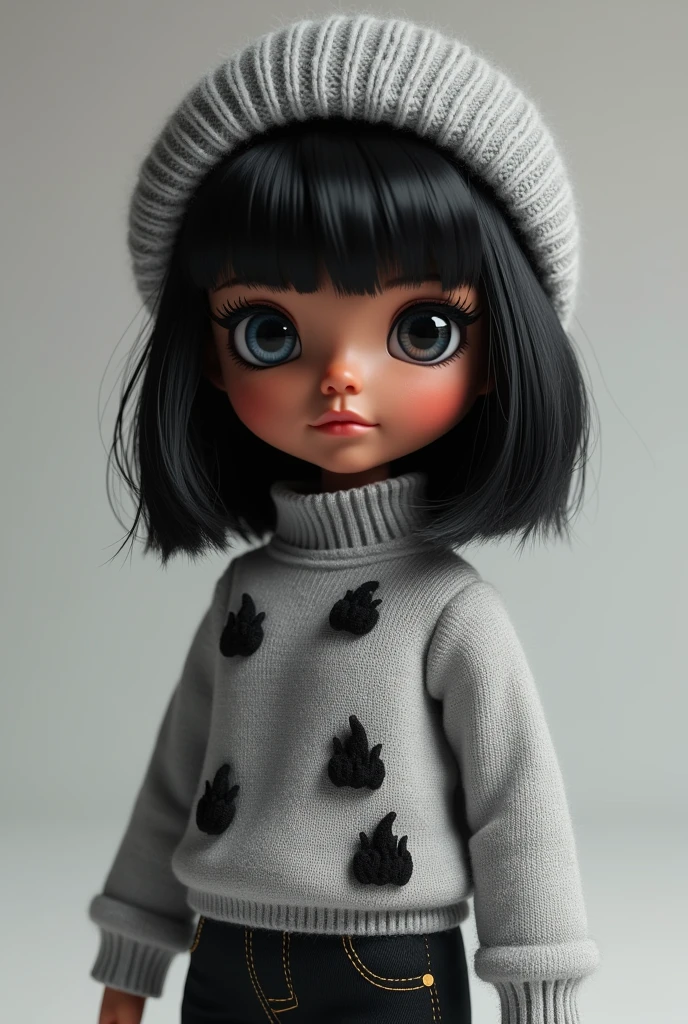 I created a Minecraft profile picture with a age doll with medium dark skin with a gray hat, medium long black hair and a gray sweater with black fire details