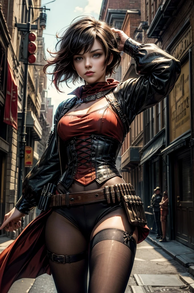 (masterpiece, best quality:1.2), cowboy shot, solo, dynamic pose, 1girl, ruby rose, looking at viewer, military uniform, pantyhose, in steampunk city street