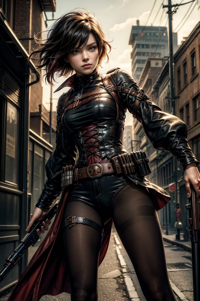 (masterpiece, best quality:1.2), cowboy shot, solo, dynamic pose, 1girl, ruby rose, looking at viewer, military uniform, pantyhose, in steampunk city street