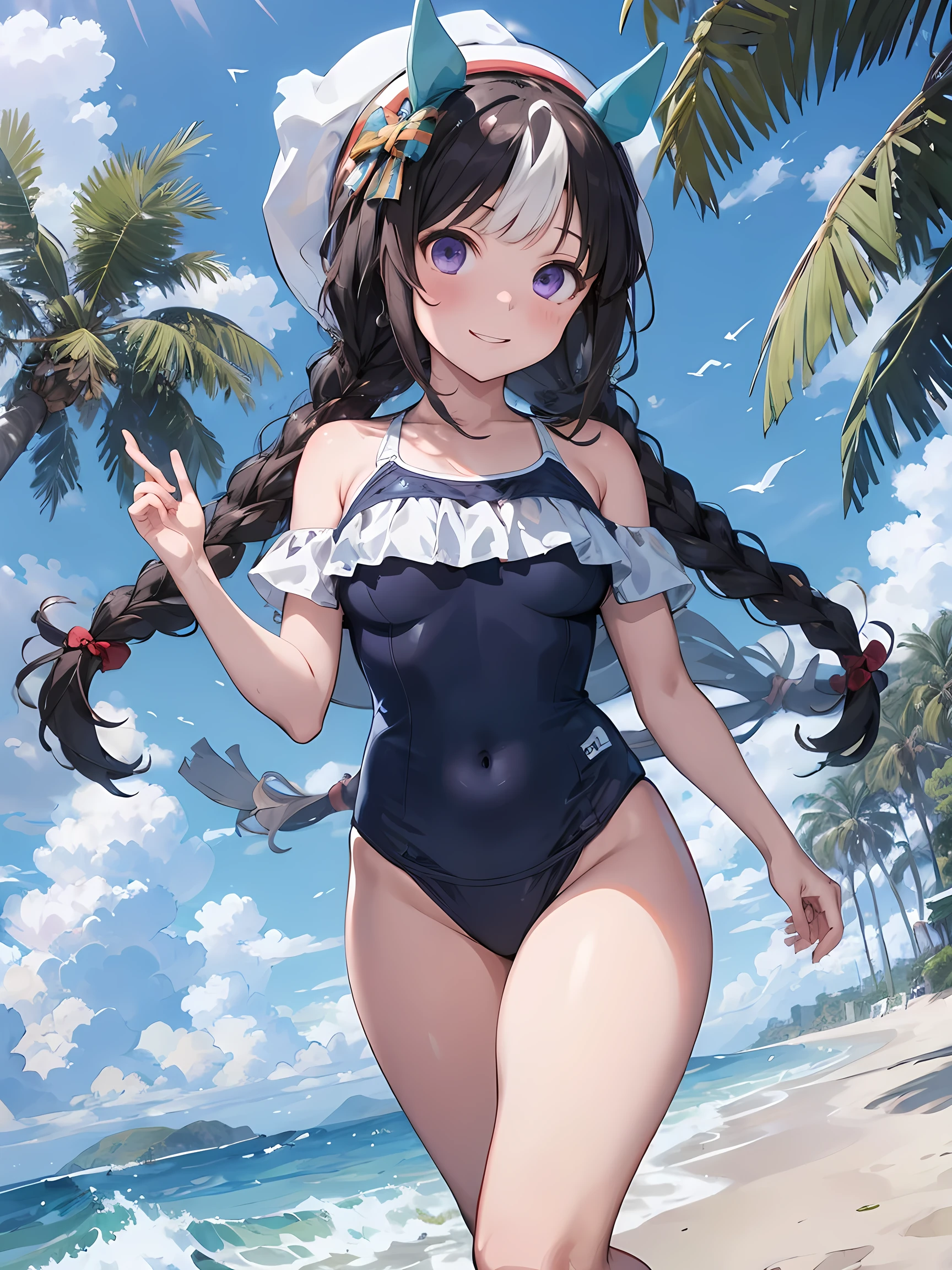 (masterpiece, best quality, perfect face:1.4) looking at viewer , walking, smile, blush, hokko tarumae \(umamusume\), Purple eyes, barefoot, horse taill, (School swimsuit:1.2), cowboy shot, beach, tree, wave, wind