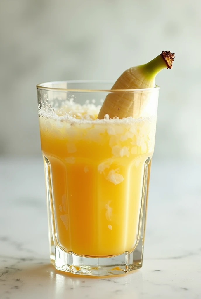 Create an image of a glass with a mixture of banana and water but make the mixture a little transparent