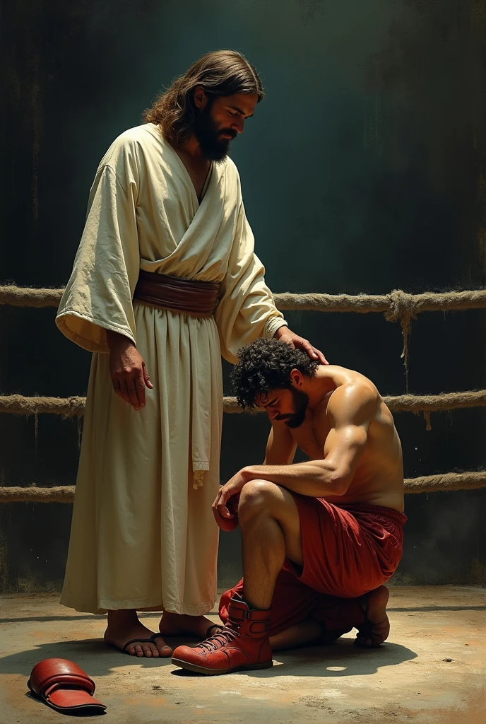 Jesus qui encourage un boxeur qui perd un combat