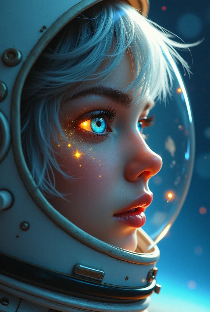 (Close-up of a better masterpiece:1.5)0.9], (Space and astronauts:1.2) (Messy silver hair:1.1) (Heterochromia xanthochromia and blue eyes:1.2) (Space Helmet:1.0) (Colored stars in the eyes:1.0) (A radiant glow:1.1) (thick lips:0.9)