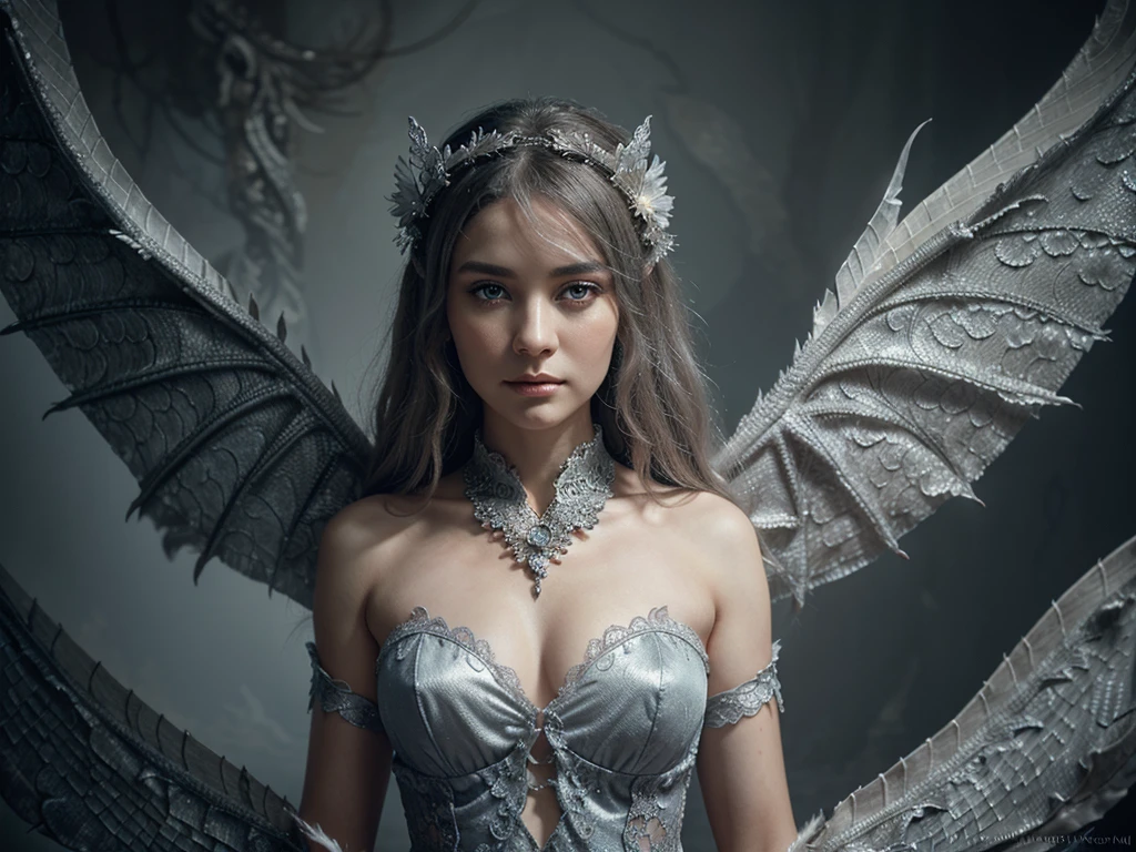 A hauntingly elegant dragon, its silver scales intertwined with delicate, time-worn lace patterns, exuding an aura of ancient mystique. The concept art is a digitally rendered painting, showcasing intricate details and a soft, ethereal color palette. The dragon's eyes gleam with otherworldly wisdom, contrasting with its faded, yet still majestic wings that fade into the background like wisps of smoke. The image invites viewers to a world where fantasy and beauty collide in a captivating display of creativity and skill.
