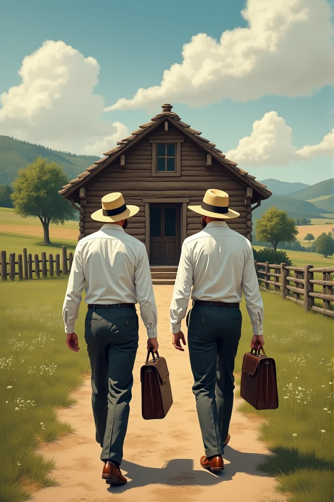 Two men dressed in white shirts, Pants, straw hat and briefcase walking to a wooden house with his back to the countryside 