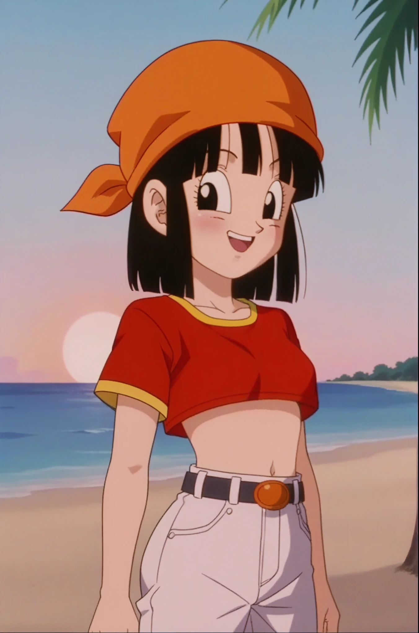 source_anime, score_9, score_8_up, score_7_up, anime screencap,
pangt, 1girl, smile, bangs, happy, blushing, grass, black hair, field, sunset, Watching the sunset, beach in open sea sunset, sun, collarbone, whole body, teeth, blunt bangs, outdoors, black eyes, eyelashes, upper teeth only, close-up, red crop top, bandana, retro artstyle, , 1990s \(style\), orange headwear, medium ass, medium breasts