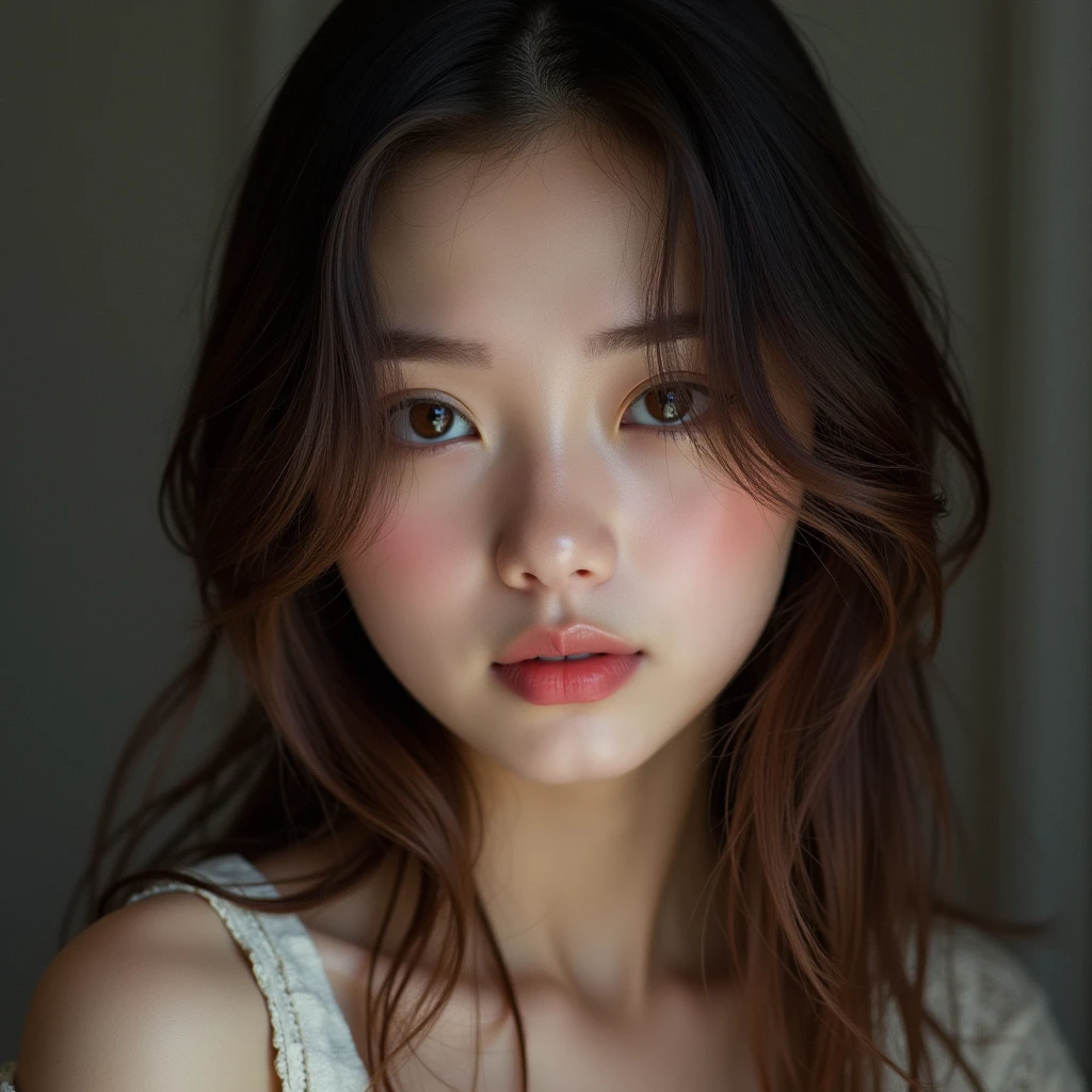 Realistic, detailed, Realistic details, 複雑なdetailed, break,, One girl, alone, Eurasia, Brunette, Very beautiful, cute, detailed face, detailed skin complexion, Beautiful Eyes, Lips parted, Fascinating, Medium Hair, , break,, Simple Background,, break,, Portraiture, 1 1 1.4/35mm, perspective, Depth of written boundary, ratio, Focus on the face, Blurred Background, Bokeh, Sharp focus, Depth and Dimension, ratio, The rule of thirds, break,,