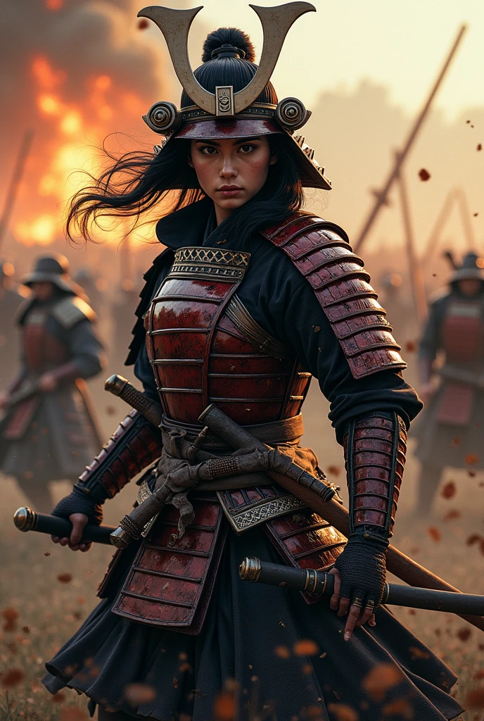 Japan Female Samurai、Female warriors of the Sengoku period、Wearing a helmet、Scene of fierce fighting、There are many people fighting around、Flames are rising all around、Sense of presence。Real、Genuine、２５age、Black Hair