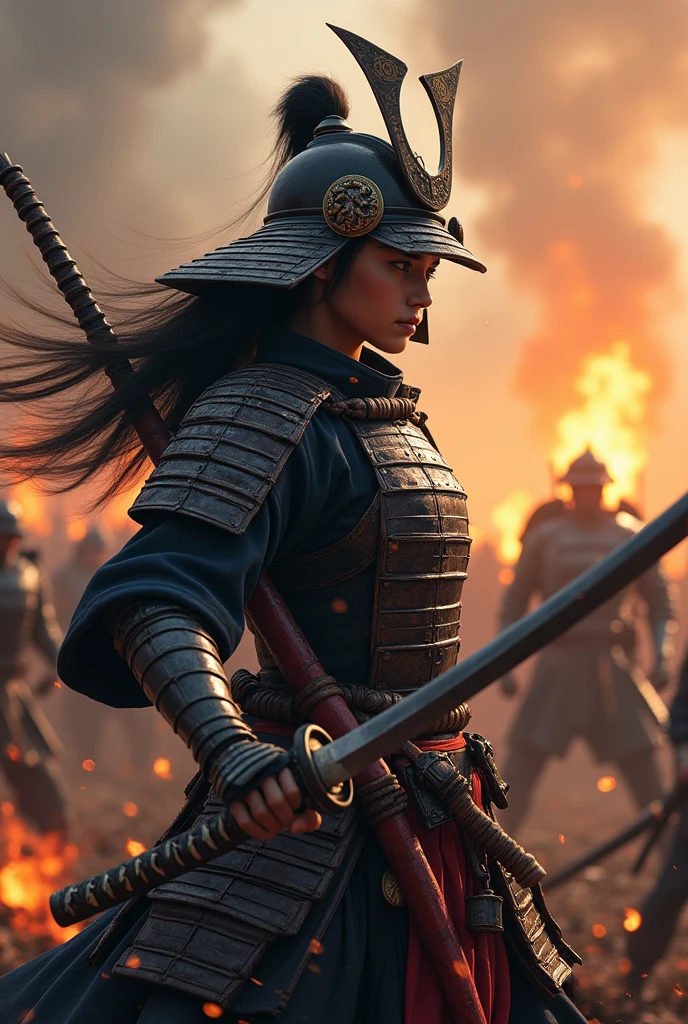 Japan Female Samurai、Female warriors of the Sengoku period、Wearing a helmet、Scene of fierce fighting、There are many people fighting around、Flames are rising all around、Sense of presence。Real、Genuine、２５age、Black Hair