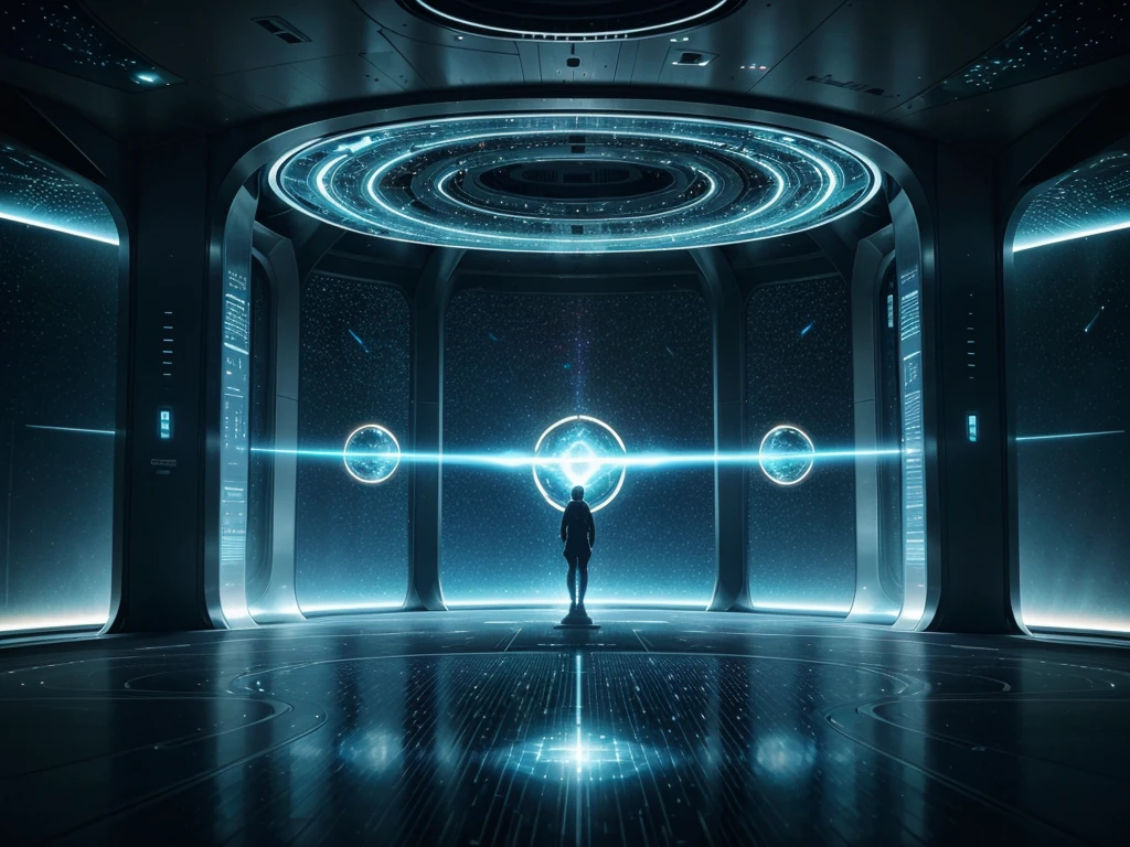 A luminously shimmering astronomic teleportation station, its every detail exuding cosmic elegance amidst futuristic technology: swirling galaxies reflected in sleek metallic surfaces, intricate energy conduits pulsating with ethereal light, and holographic control panels casting kaleidoscopic shadows. This captivating scene is depicted in a high-quality science fiction art piece, where the main subject is a massive portal encased in shimmering energy fields. The overall composition is a stunning blend of celestial beauty and advanced machinery, inviting viewers to envision the limitless possibilities of interstellar travel.
