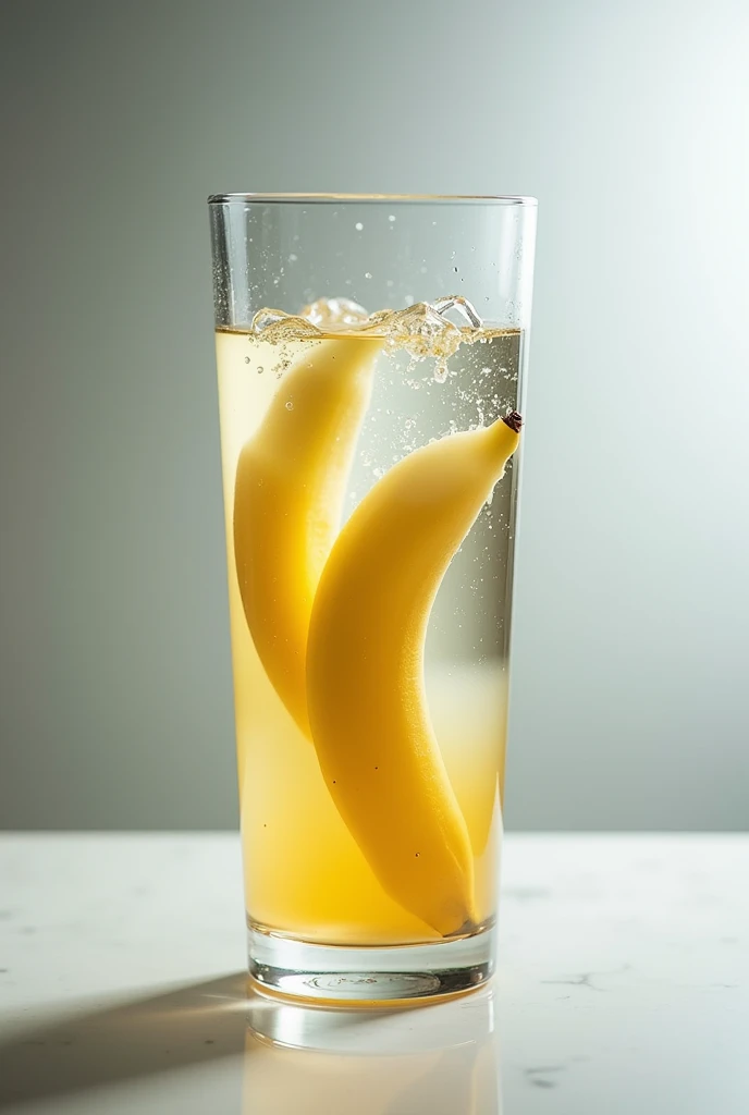 Create an image of a glass with a mixture of banana and water but make the mixture a little transparent