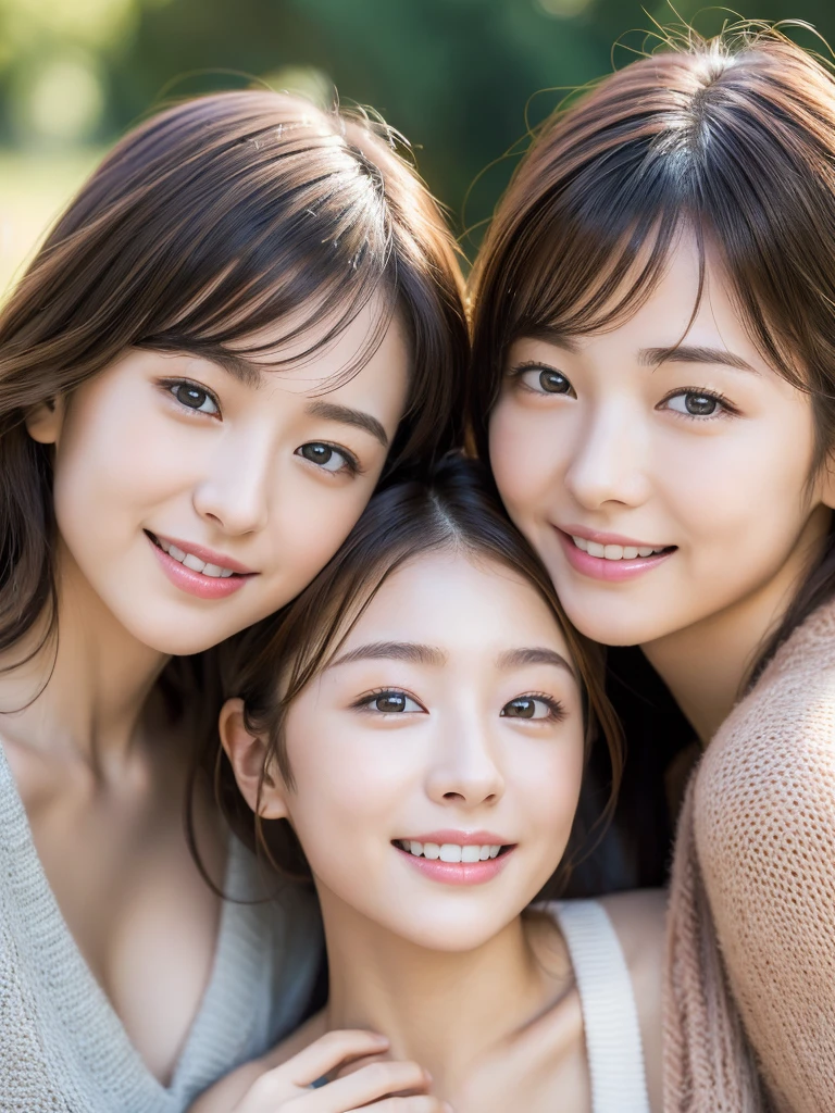 (masterpiece:1.3), (8K, Photoreal, Raw photo, best image quality: 1.4), Japanese high school girl、Similar identical twins、2 girls、(random hairstyle:1.2)、cleavage:1.2、super detail face、eye for details、double eyelid、chest to chest、sharp focus:1.2、Beautiful woman:1.4、light brown hair、highest quality、masterpiece、Super high resolution、(Photoreal:1.4)、Highly detailed and professionally lit smiles、loose and light knitwear, Two girls are touching each other's bodies, because they are very surprised that they have exactly the same face, all girls are exactly the same face