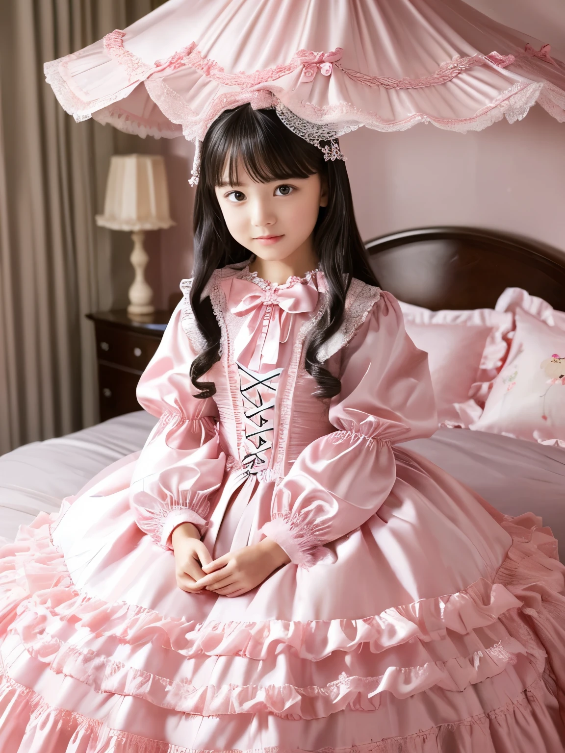 highest quality, masterpiece, highest resolution, artwork, super それにget used to it, many get used to it, get used to it, それにget used to it,(Loli),,the girl is a princess,((girly dark pink satin fabric)), Long hair that reaches to the waist,((A Victorian ballgown dress with plenty of pink ruffles and bows and a voluminous full-length hoop skirt.)),long sleeve,long dress,A dress with lots of frills and ribbons..,luxury,((Palace bedroom)),((Huge square victorian canopy king size bed)),(the girl is sitting on the bed),lots of frilly pillows,ruffle bed skirt,