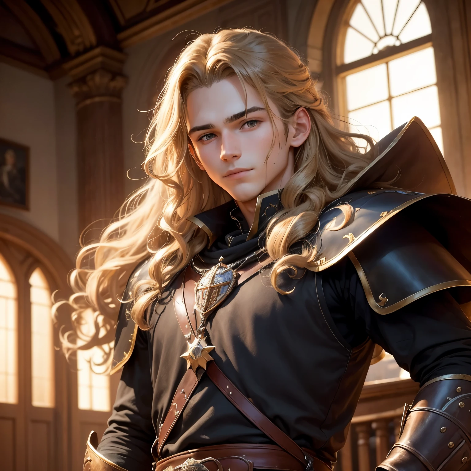 ((best qualityer)), ((work of art)), (detailded), 8k, 4K, hight contrast, work of art,  Meticulous attention to facial features and hair strands, 15 year old young man, an adventurous man with long curly blond hair,black mantle,layer , Arms crossed pose ,battle costume ,slightly-smile,in the background a castle hall ,clear lighting, detailed shadows 