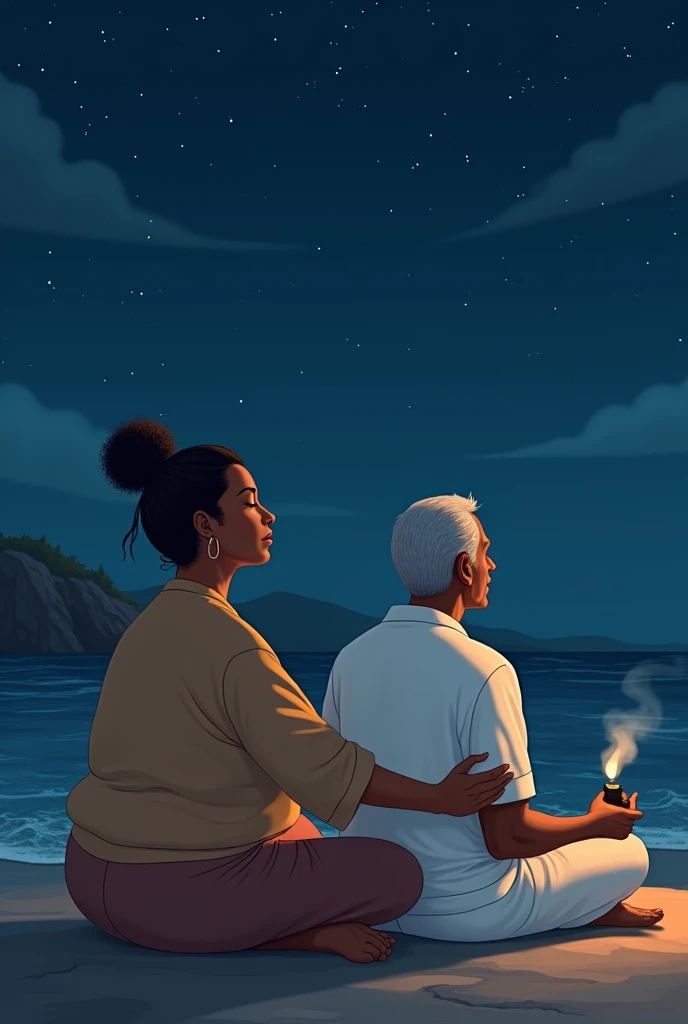 a brown woman, chubby, with a bun in your hair, of coasts sitting meditating, the night, with an ELDERLY black grandfather by his side, shorth hair, in a white shirt and pants, pipe, with his hand on her shoulder guiding her