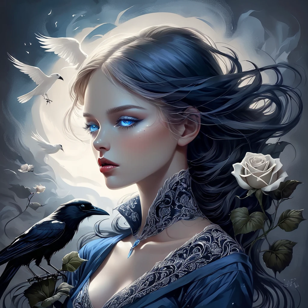Sensual Illustration Chiaroscuro Illustration Art, By Irina Kapi. Surrealism, Abstraction, Blue-eyed girl with a white crow and a black rose, Super detailed Ohio clothing, Highest quality, masterpiece, Painting, Concept Art, Emotional, Atmospheric, Romantic aesthetics, Represents transformation and the ability to see beyond the surface, Dramatic Light Tips