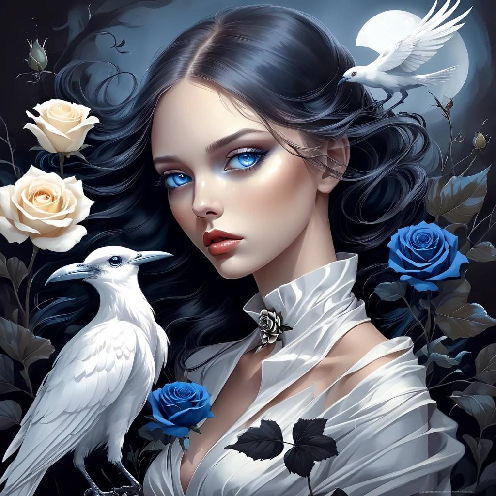 Sensual Illustration Chiaroscuro Illustration Art, By Irina Kapi. Surrealism, Abstraction, Blue-eyed girl with a white crow and a black rose, Super detailed Ohio clothing, Highest quality, masterpiece, Painting, Concept Art, Emotional, Atmospheric, Romantic aesthetics, Represents transformation and the ability to see beyond the surface, Dramatic Light Tips