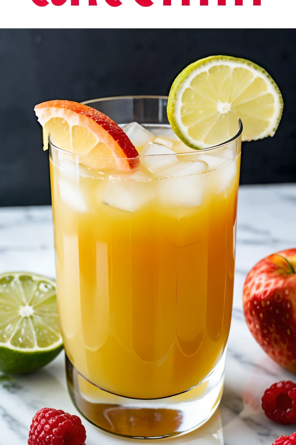 1 glass with juice and fruits, add text that says "Splashcocktail"
