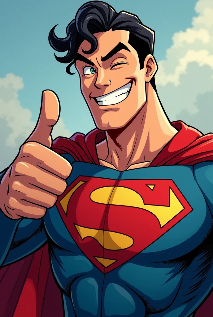 Superman stylized character, comics, Very detailed, 8k,Teeth are visible、smile、Looks like they're having fun、Thumbs up pose、One eye closed
