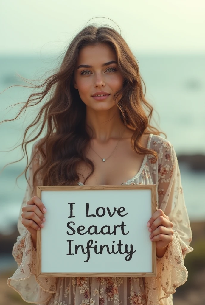 Beautiful girl with wavy long hair, bohemian dress, holding a white board with text "I Love Seaart Infinity" and showing it to the viewer