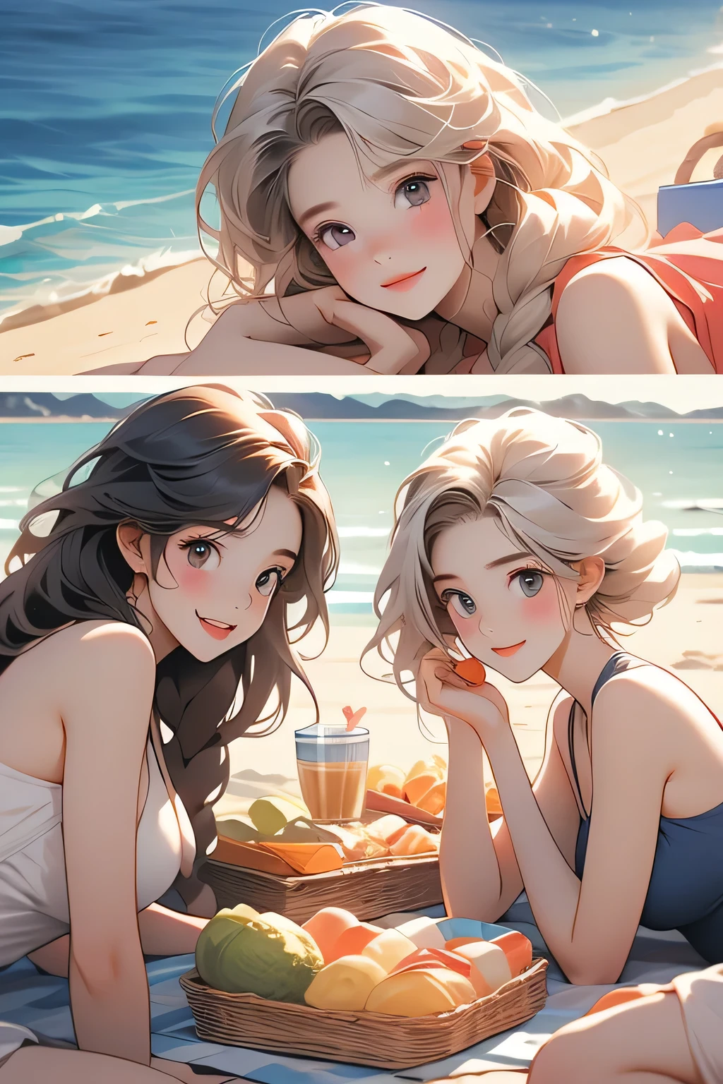 Highest quality、High resolution、Detailed Background、(Beautiful face in every detail:1.4)、Anatomically correct、(Normal number of fingers:1.2)、(Detailed facial expressions)、Detailed eyes、age beauty、Highly detailed face、Light color hair、Braided twin tails、Braided Ponytail、well-groomed eyebrows、A fun atmosphere、A big smile、smile、Full of energy、Under the clear blue sky、A beautiful coastline with white sand、cute gesture、
(Three beautiful girls having a fun beach picnic:1.5)、
They gather on the beach in colorful swimsuits.、
We all divided up the work and spread out the lunch boxes, fruit, drinks, etc. that we had taken out of the big basket.、
They spread out picnic mats and enjoyed a delicious meal while chatting in a lively atmosphere.、
Sing along to the sound of the waves and play with a ball、After having a good time together, everyone seems to be relaxing.、The sight of them relaxing on the sand makes you feel like it's summer.、A picture-like moment from the girls' happy memories、cute