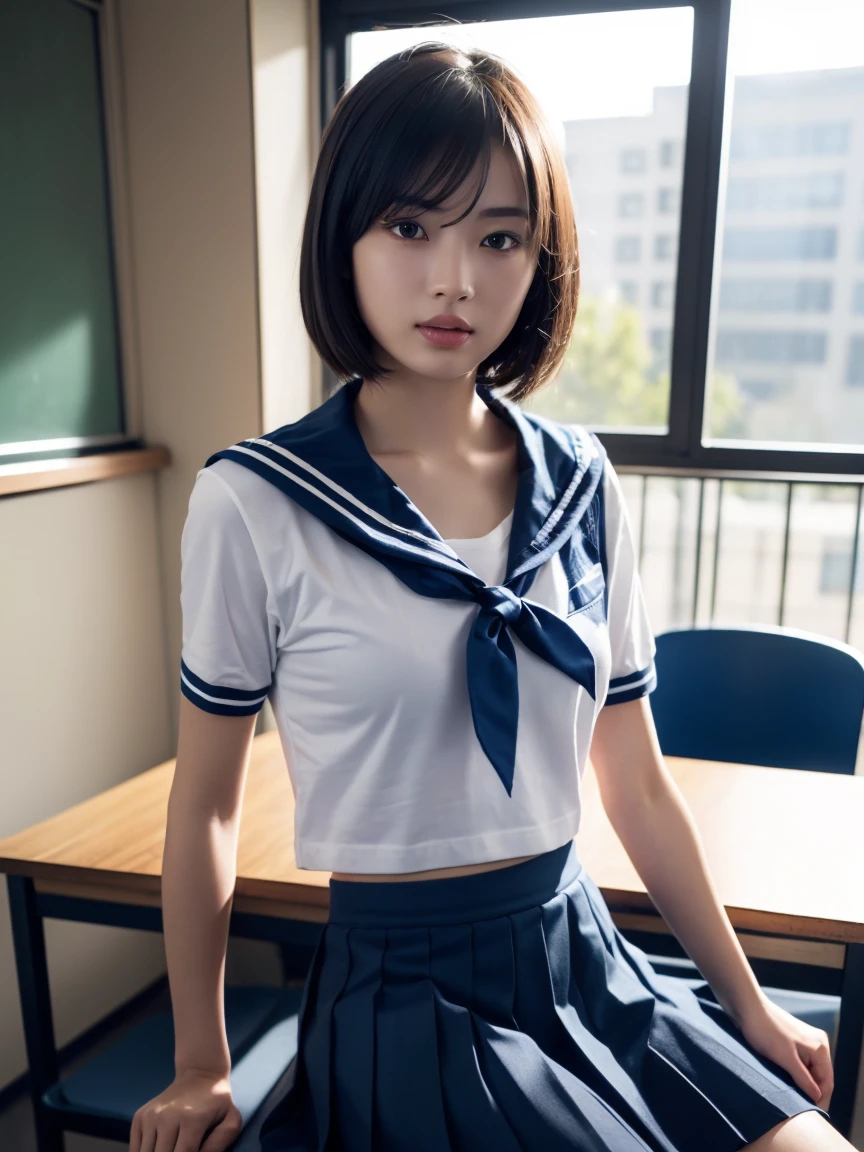 (masterpiece:1.2), Very detailed, Ultra-high resolution, (Realistic, photo Realistic:1.6), High-resolution RAW color photos, Professional photos, Sharp focus:1.2, (Very detailed顔と肌の質感, Very beautiful eyes, Glossのある肌, Glowing Skin, Glowing Skin, Shining Face, Gloss, Oily skin, greasy face, Oily skin, greasy face,),, (real Glossのある肌 texture), Perfect Anatomy, Very detailed背景,(High school classroom),((1 female)),25-year-old woman, Japanese women,height: 168cm,(short hair, Straight hair, bangs, Brown Hair),(Flat Chest:1.6),(Slim, thin legs), ((((Short Sleeve White Sailor School Uni形状、Navy blue pleated skirt：1.5、Sexy T-panties under skirt))),(Sit at a desk)
