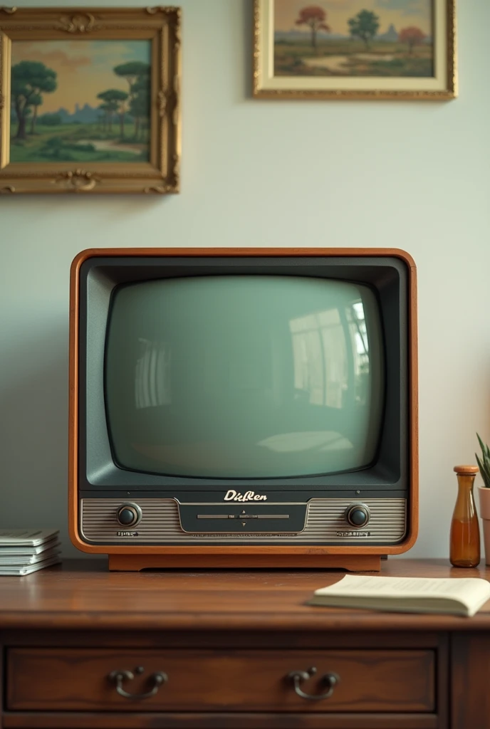 Old television facing forward on the table with the name DIFLEN on top of the television