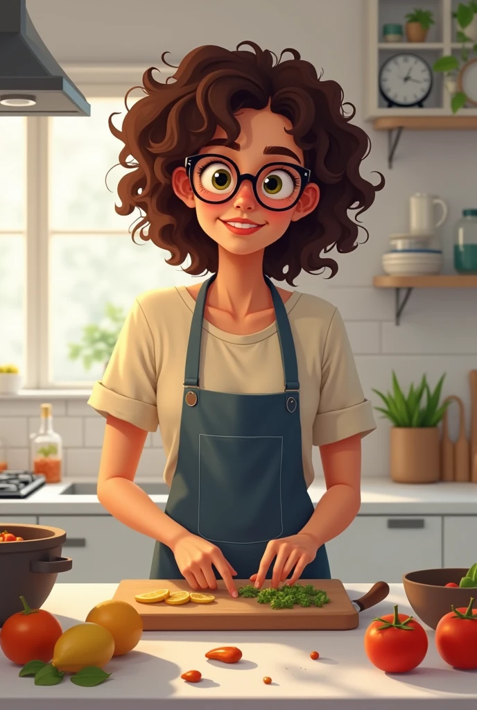 Woman with curly hair and glasses cooking