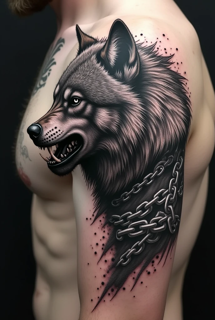 Create a pointillism tattoo of Fenrir the Viking wolf on his side in black and white with chains