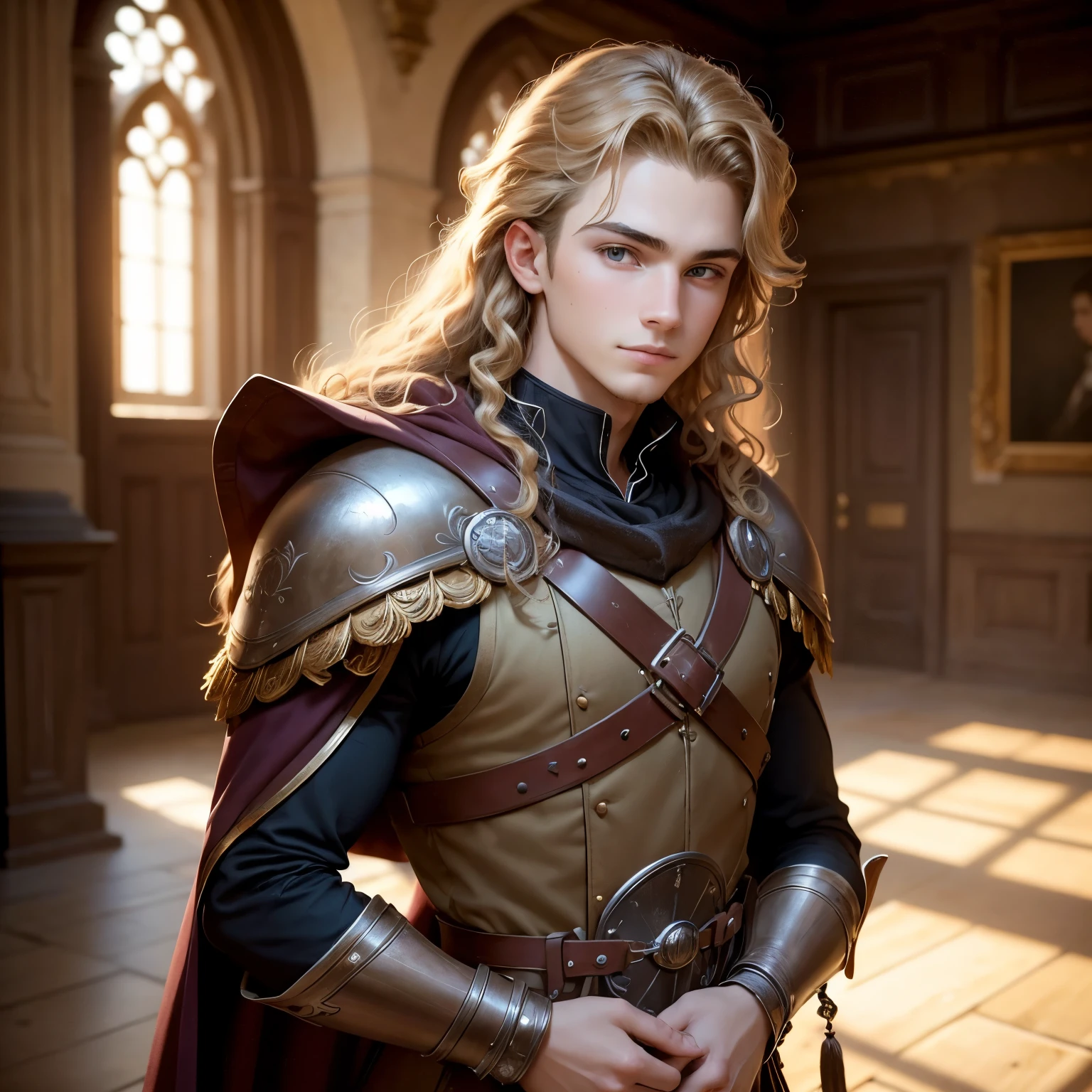 ((best qualityer)), ((work of art)), (detailded), 8k, 4K, hight contrast, work of art, Meticulous attention to facial features and hair strands, 15 year old young man, an adventurous man with curly blond hair ,black mantle,layer , Arms crossed pose ,battle costume ,slightly-smile,in the background a castle hall ,clear lighting, detailed shadows