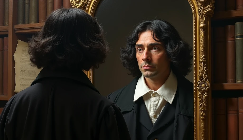 Renê Descartes looking at himself in the mirror