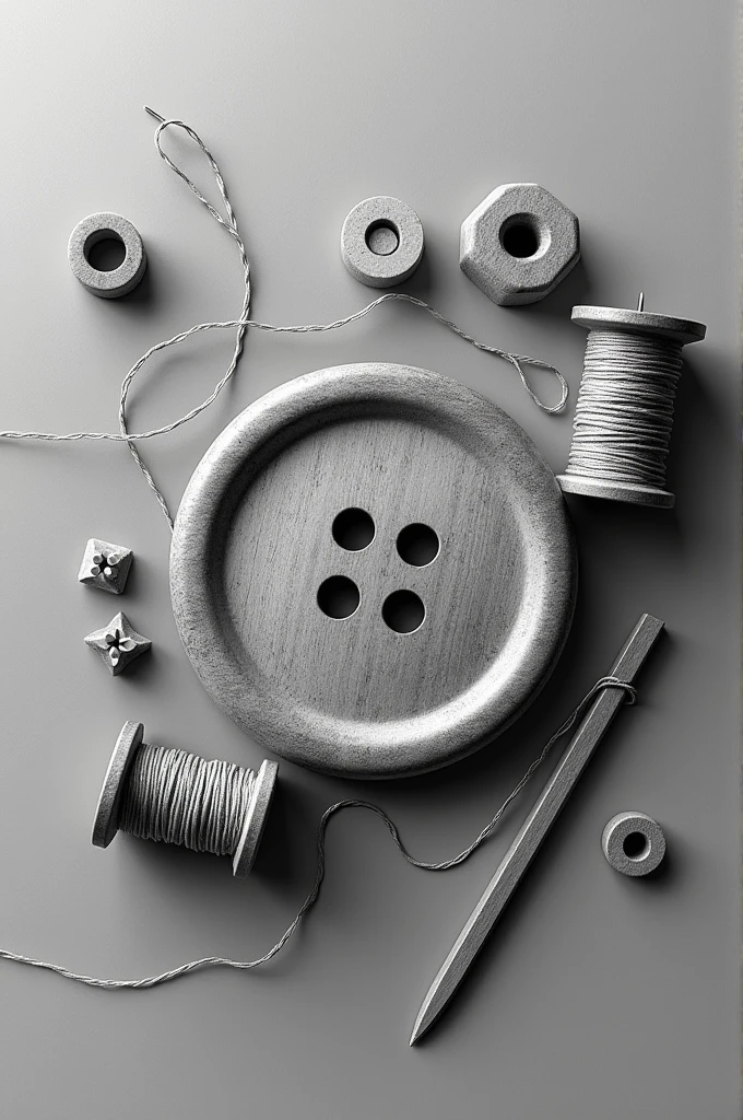 Image with a centered button, a needle with thread and a spool of thread in the black and white WOODCRAFTING style