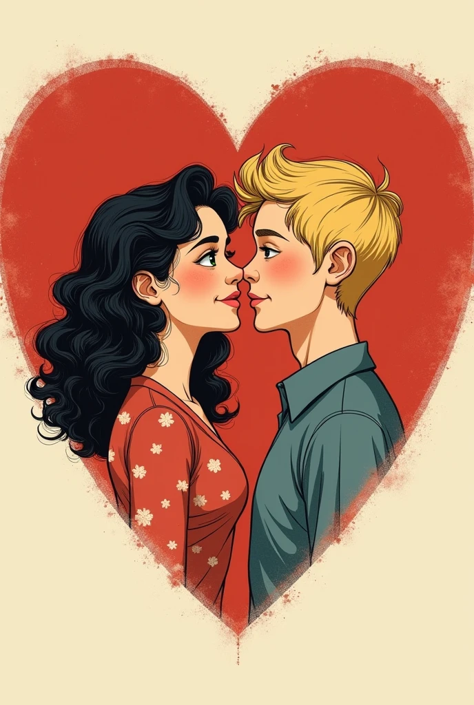 um drawning de um coração vermelho onde dentro dele esteja uma branca de cabelo preto cacheado e um de cabelo liso loiro, in old format/drawning, BUT THEY ARE JUST FRIENDS, even the boy is gay
