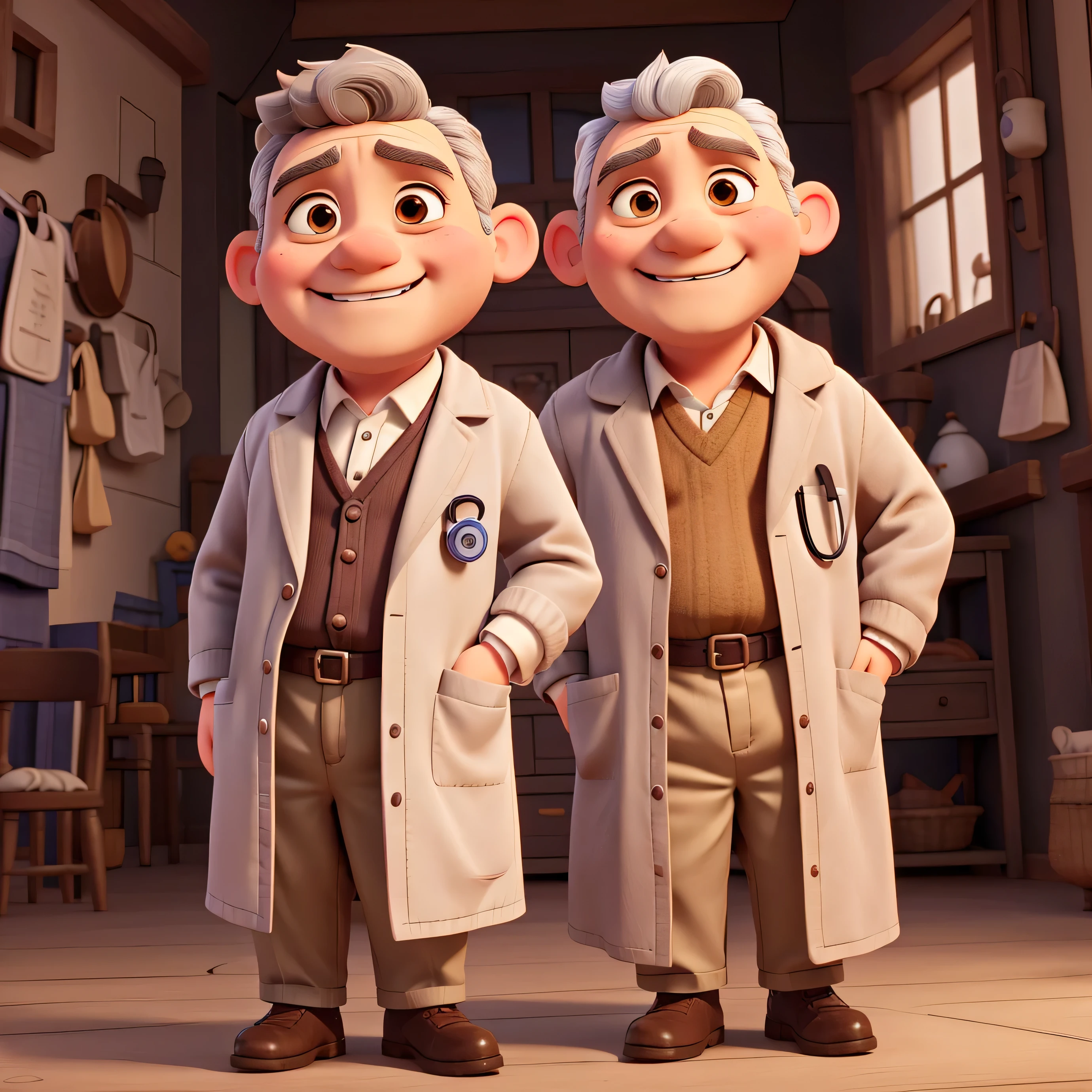 grining old little doctor, a little overweight, remake to disney persona, no beard, big ears, brown eyebrown, grey hair, white coat, stethoscope, grin, grey hair, hair little slide to side, low eyebrown, low eyes, 85 kg, little eyes, little eyebrown