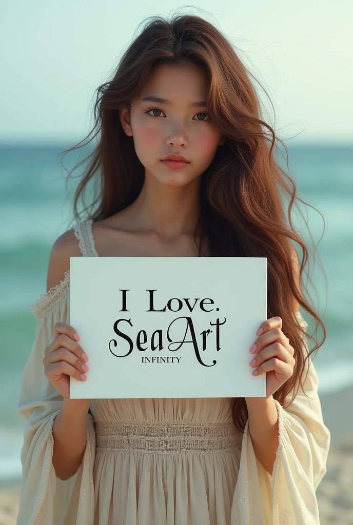 Beautiful girl with wavy long hair, bohemian dress, holding a white board with text "I Love Seaart Infinity" and showing it to the viewer
